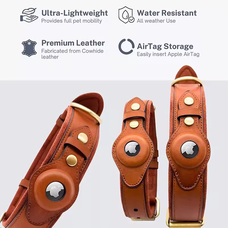 Premium Leather Dog Collar with Preparation for Apple AirTag Tracker